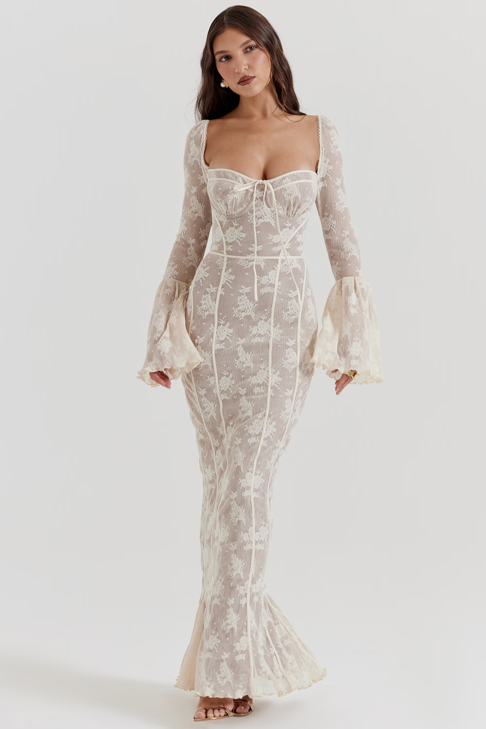 Vestido longo vintage de renda Creme - Modelo Sueli