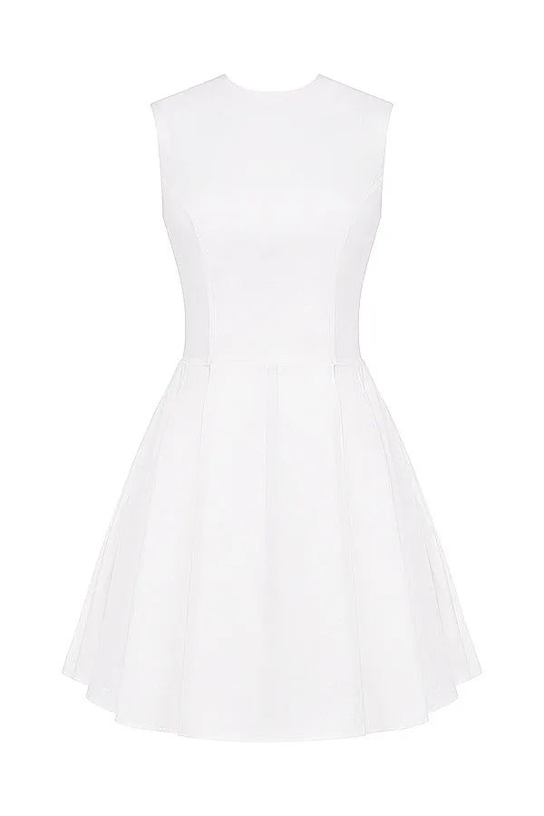 Vestido Curto Plissado de Algodão Branco Modelo Claretta