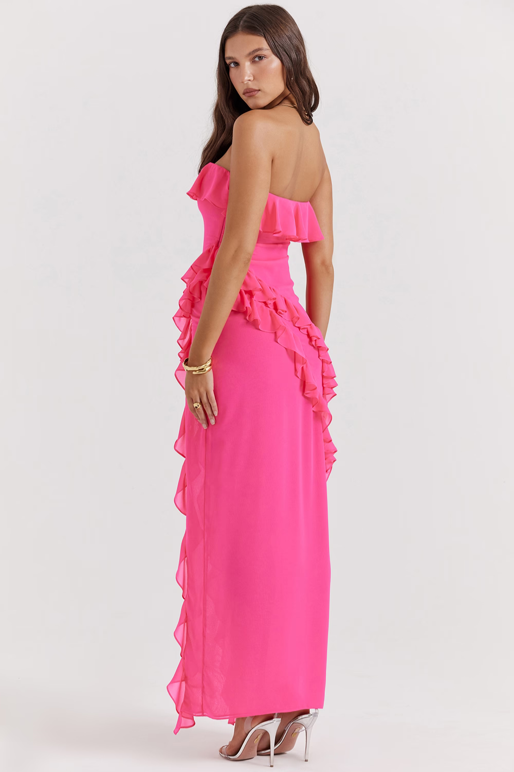 Vestido maxi fúcsia com babados Sarina