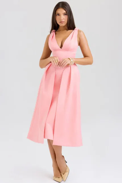 Vestido midi plissado de cetim Pêssego