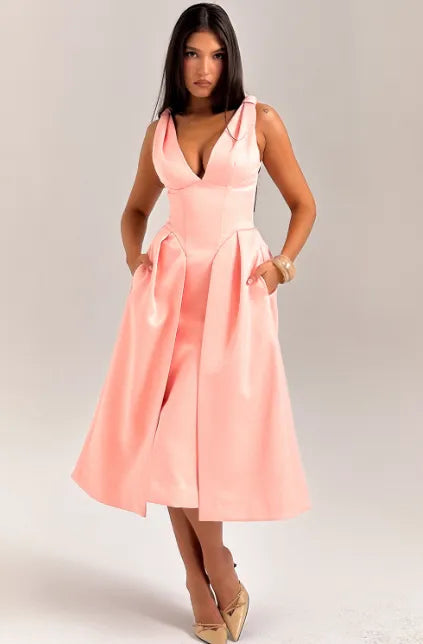 Vestido midi plissado de cetim Pêssego