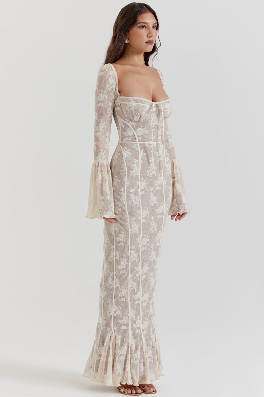 Vestido longo vintage de renda Creme - Modelo Sueli