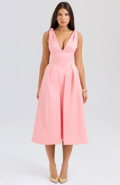Vestido midi plissado de cetim Pêssego