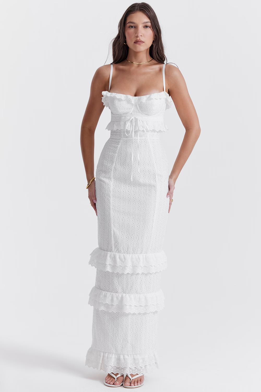 Vestido longo branco com bordado inglês