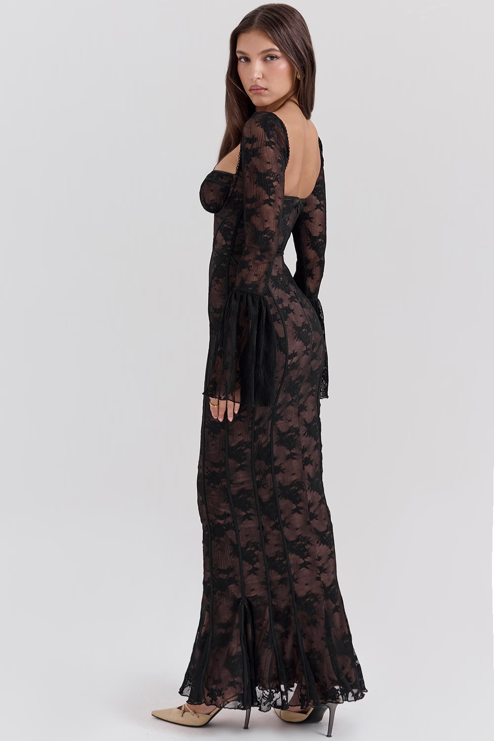 Vestido longo vintage de renda Creme - Modelo Sueli