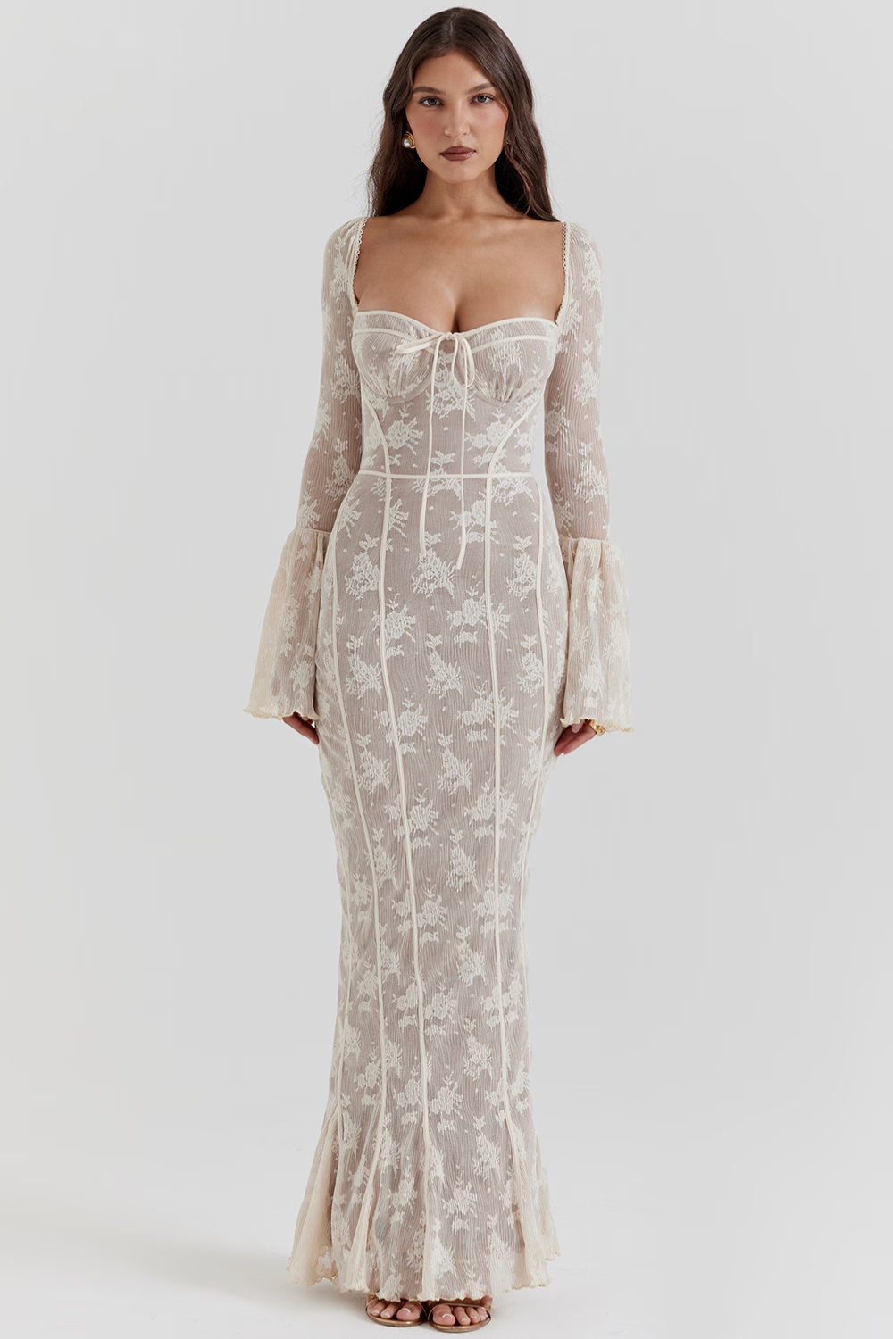 Vestido longo vintage de renda Creme - Modelo Sueli