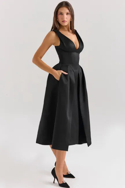 Vestido midi plissado de cetim Pêssego