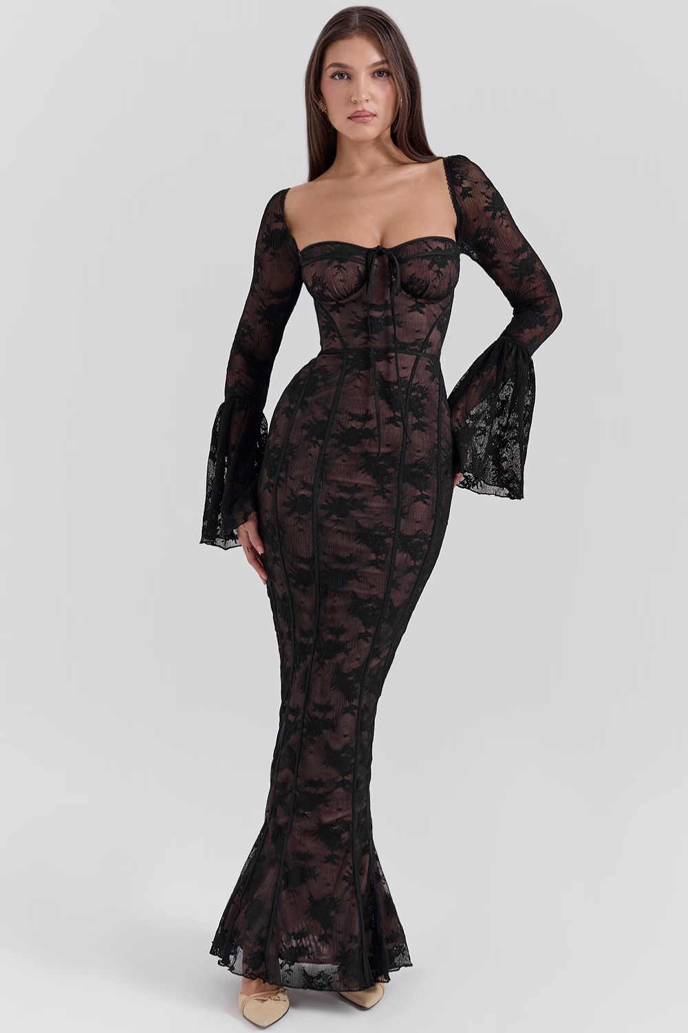 Vestido longo vintage de renda Creme - Modelo Sueli