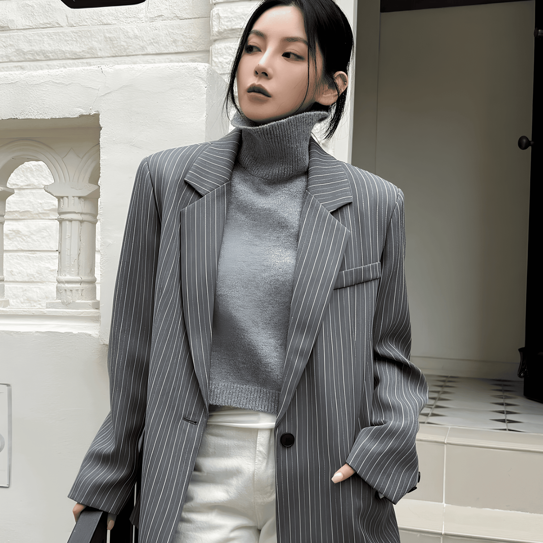 Blazer Feminino Casual Cinza Listrado