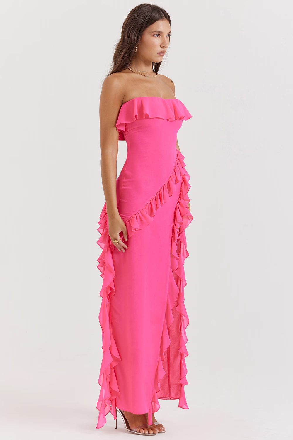 Vestido maxi fúcsia com babados Sarina
