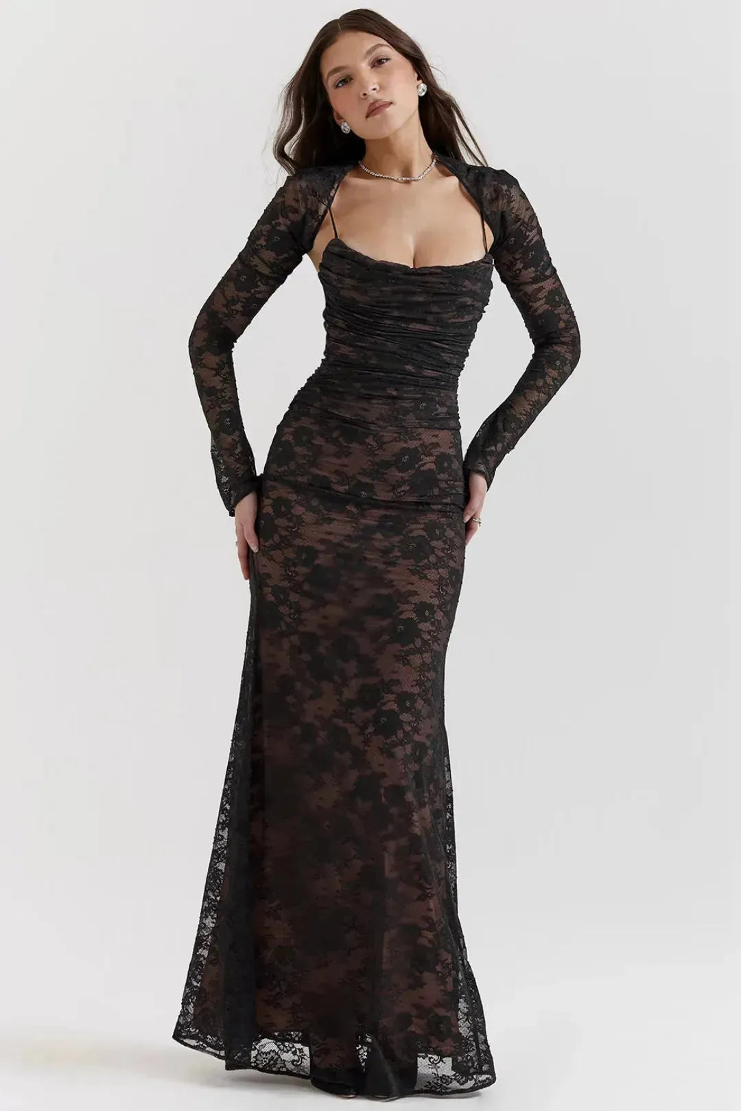 Vestido Longo de Renda Preto Modelador