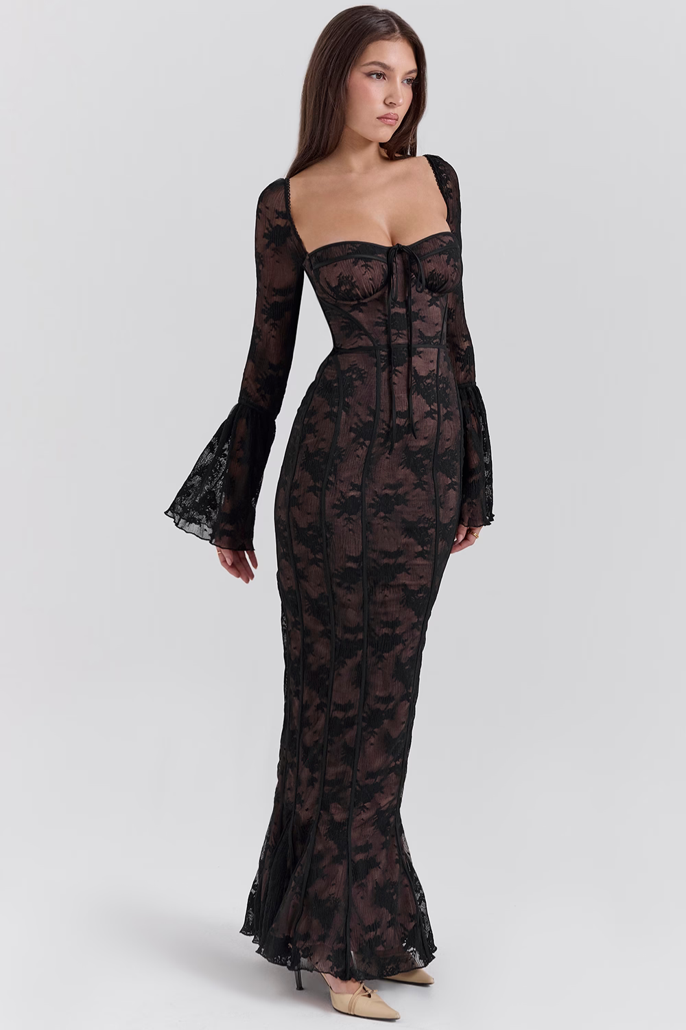 Vestido longo vintage de renda Creme - Modelo Sueli