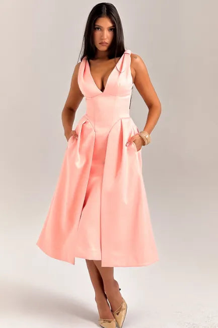 Vestido midi plissado de cetim Pêssego