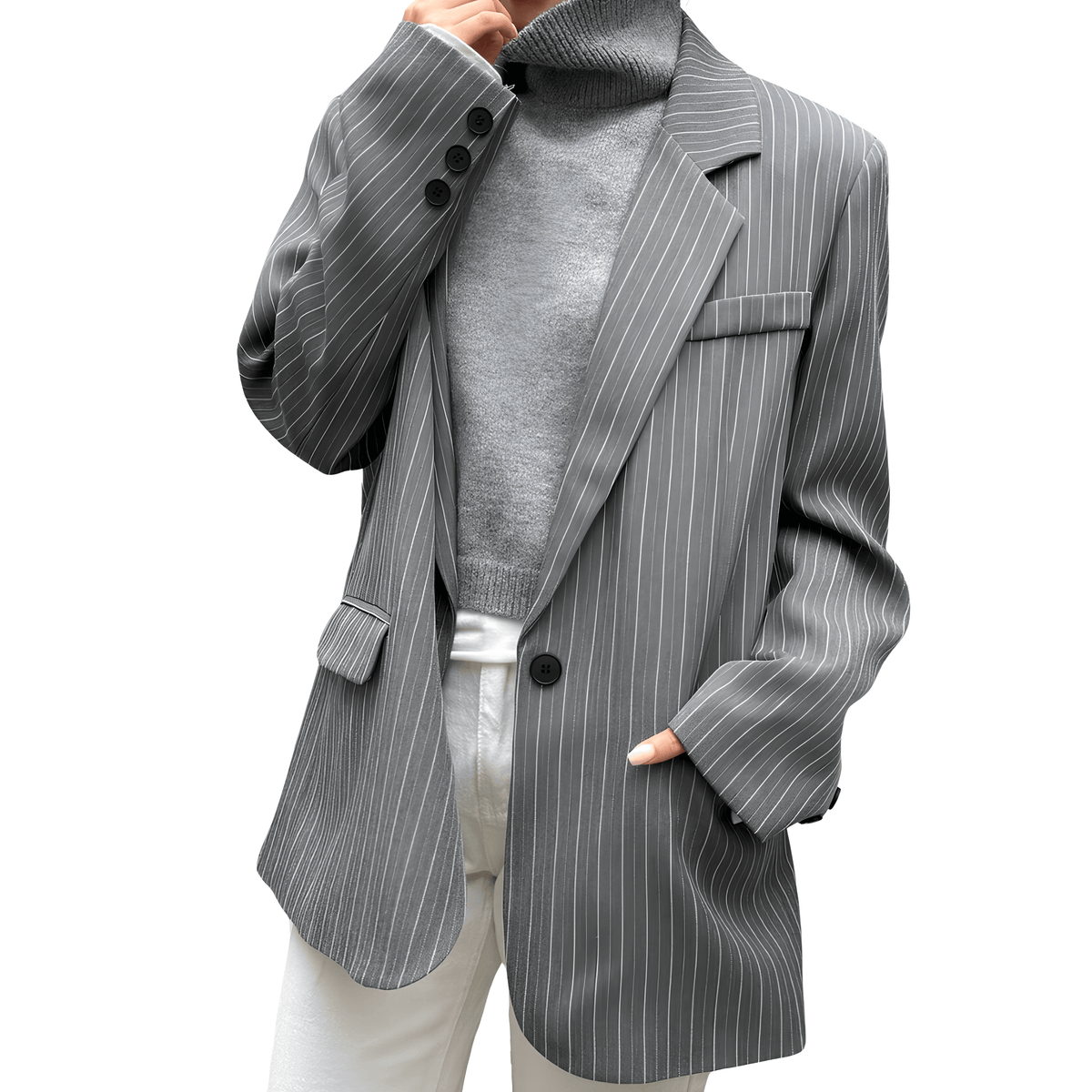 Blazer Feminino Casual Cinza Listrado