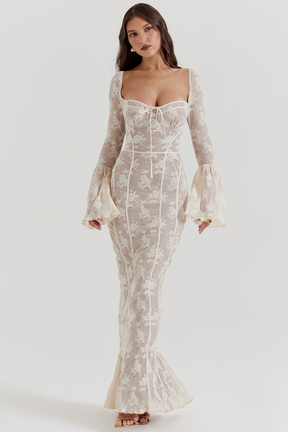 Vestido longo vintage de renda Creme - Modelo Sueli