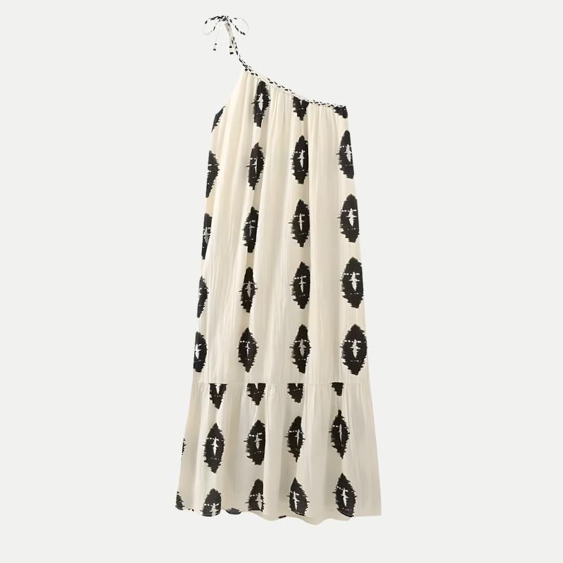 Vestido Longo Assimétrico Estampado Branco