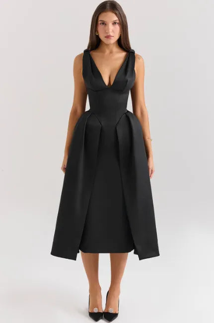 Vestido midi plissado de cetim Pêssego