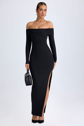 Vestido Maxi Modal Ombro Caído e Costas Abertas em Preto