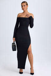 Vestido Maxi Modal Ombro Caído e Costas Abertas em Preto