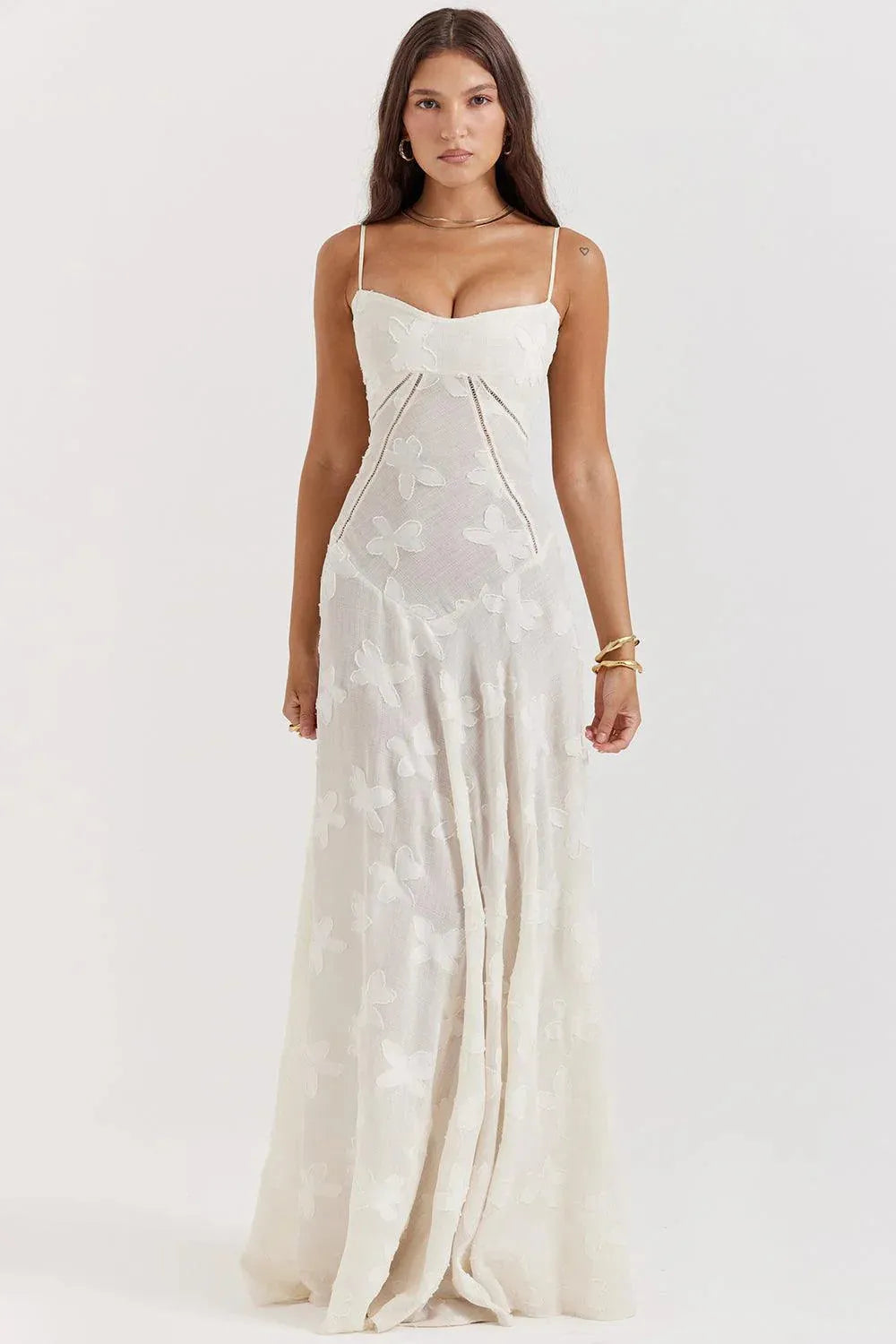 Vestido Longo Semitransparente Floral Branco - Mavie