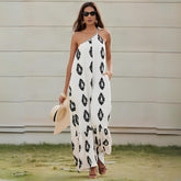 Vestido Longo Assimétrico Estampado Branco