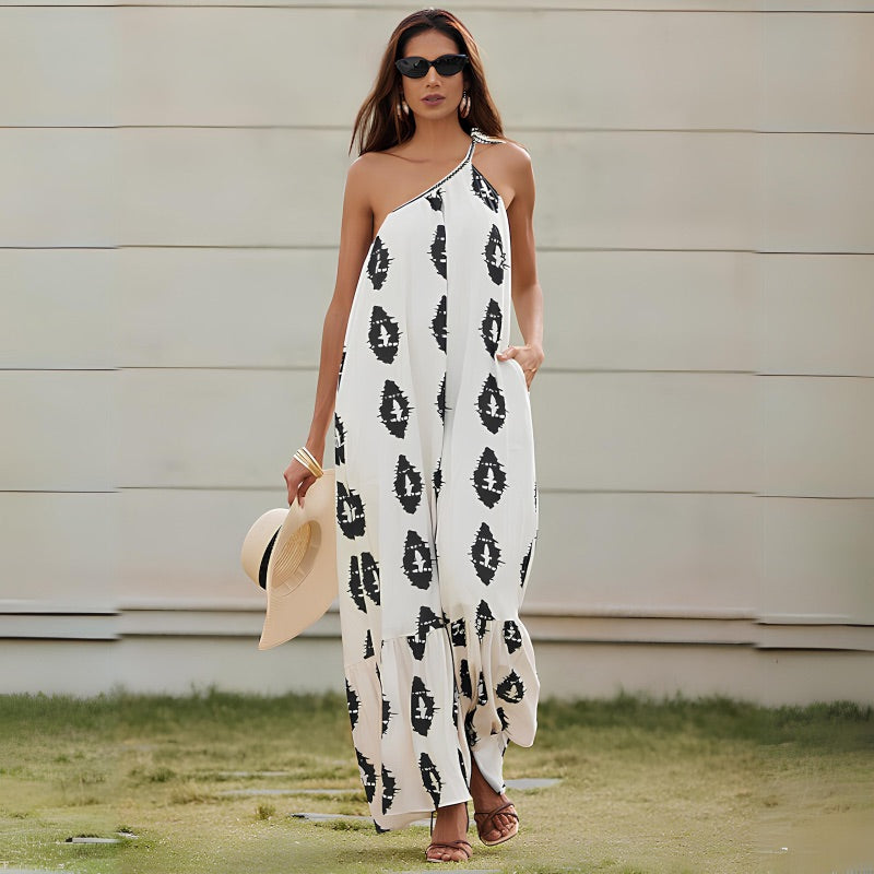 Vestido Longo Assimétrico Estampado Branco