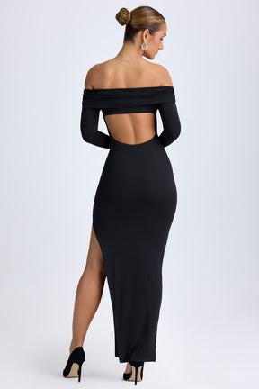 Vestido Maxi Modal Ombro Caído e Costas Abertas em Preto