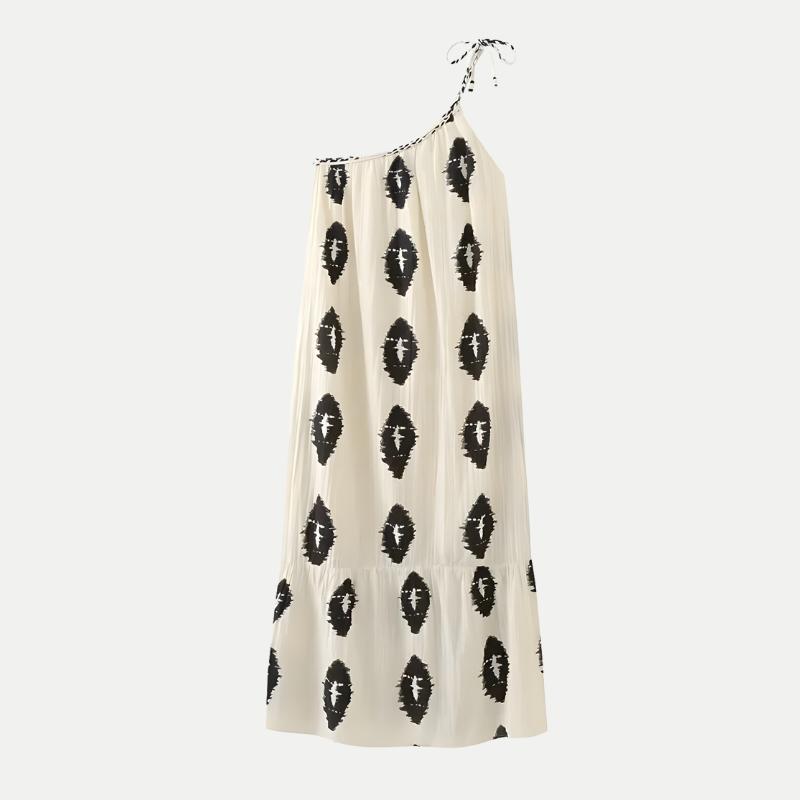 Vestido Longo Assimétrico Estampado Branco