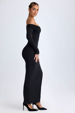 Vestido Maxi Modal Ombro Caído e Costas Abertas em Preto