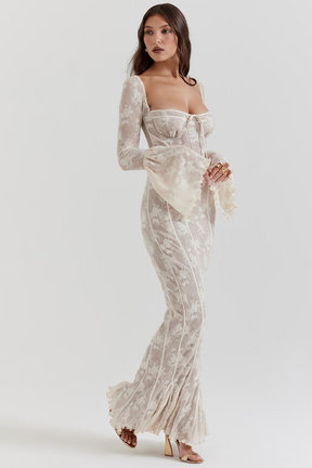 Vestido longo vintage de renda Creme - Modelo Sueli