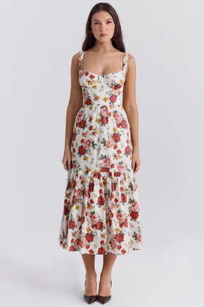 Vestido Midi Floral Modelador de Algodão Modelo Elia