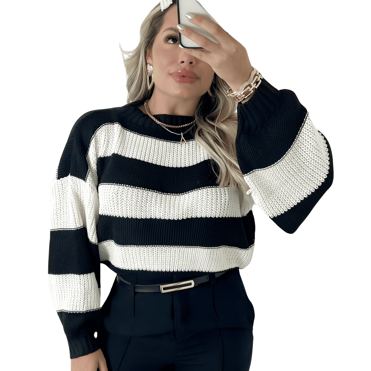 Suéter Feminino de Tricot Preto e Branco