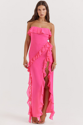 Vestido maxi fúcsia com babados Sarina