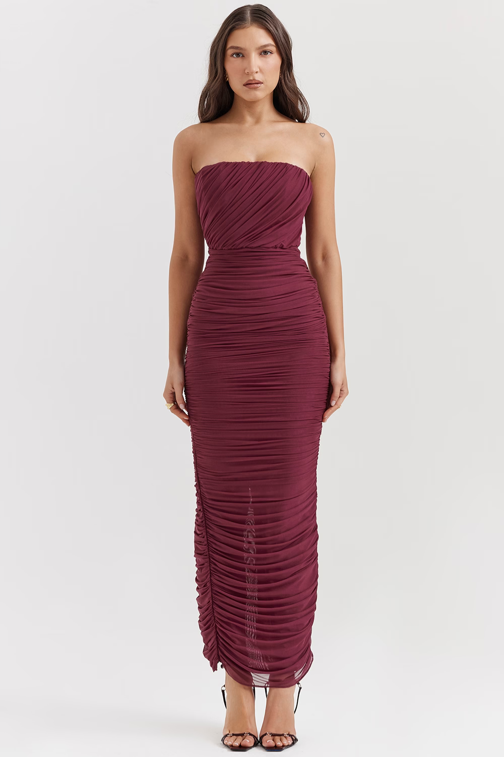 Vestido longo franzido vinho Modelo Sapphire