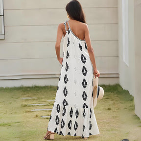 Vestido Longo Assimétrico Estampado Branco