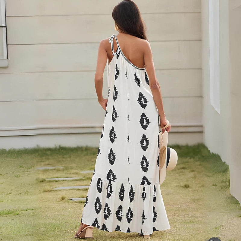 Vestido Longo Assimétrico Estampado Branco