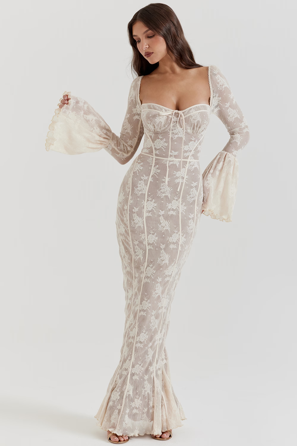 Vestido longo vintage de renda Creme - Modelo Sueli