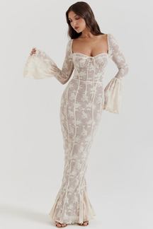 Vestido longo vintage de renda Creme - Modelo Sueli